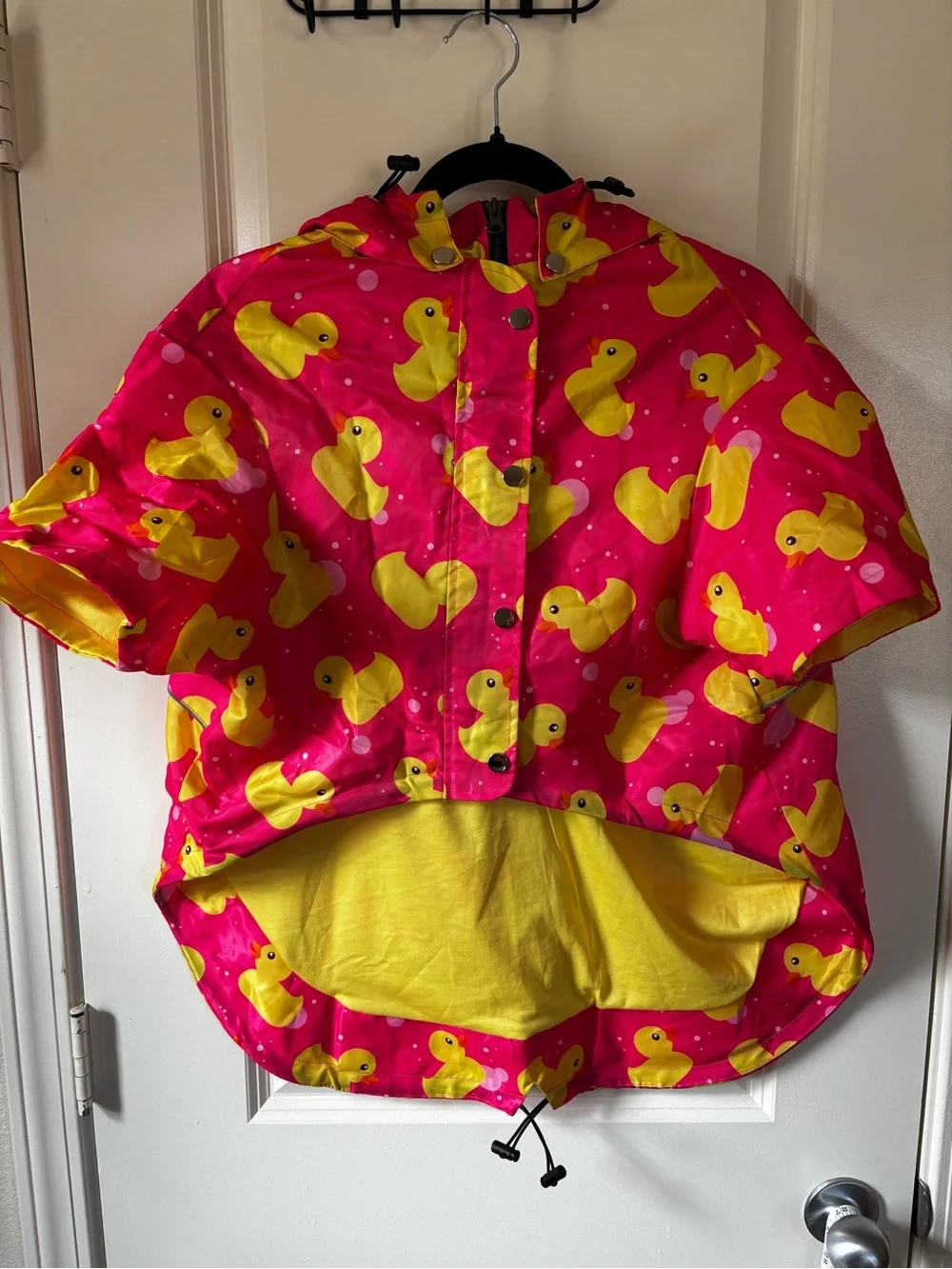 Bright Pink Rubber Duck Print Dog HDE Rain Poncho with Yellow Lining 2XL